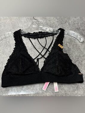 NWT PINK Victoria's Secret Black Lace Bralette with Crisscross Straps   Sz M
